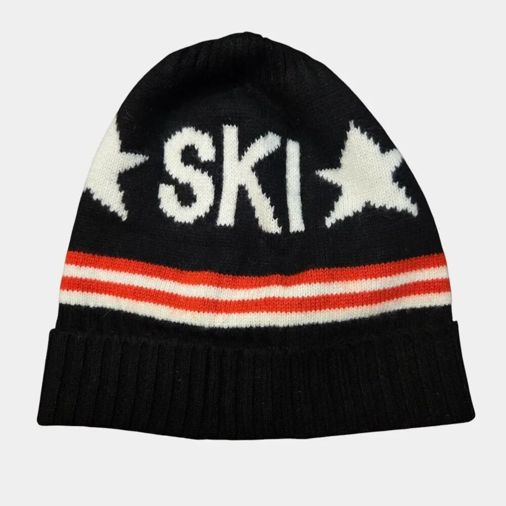 Minnie Rose Cashmere Beanie SKI Striped & Stars Black Winter Gorpcore NWT